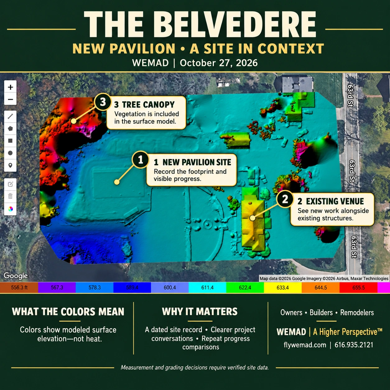 WEMAD surface elevation map of The Belvedere and new pavilion, with labels identifying the pavilion site, existing venue, and tree canopy and explaining the map’s value