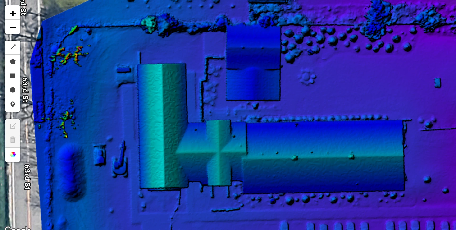 Colorized photogrammetric surface elevation view of Emerson Lounge, showing the modeled form of roofs, open areas, and vegetation from the same mapping capture