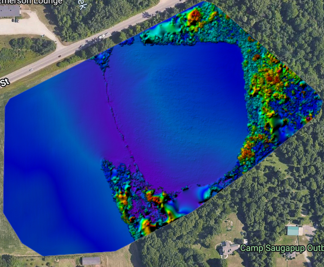 WEMAD colorized surface elevation view of the same farm, with numbered pointers to the field divide, wooded margin, open-field color transition, and tree canopy