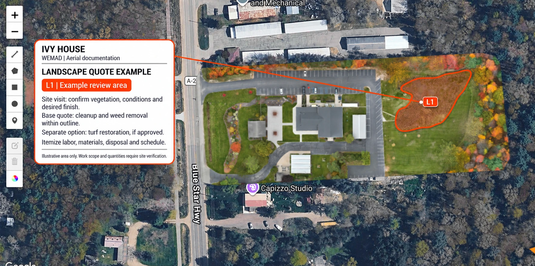 Ivy House orthomosaic with an orange outline around an example landscape review area and itemized quote instructions