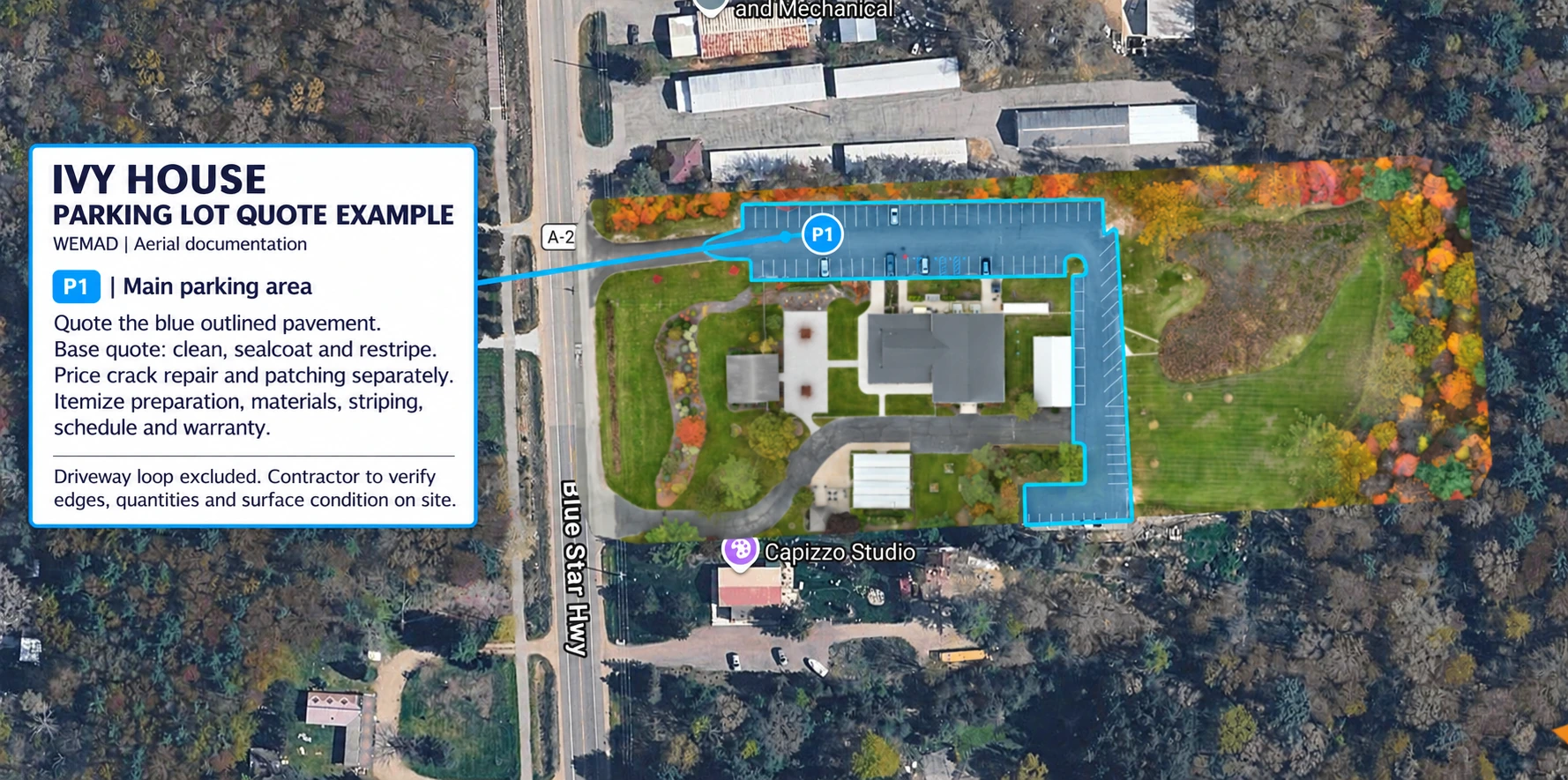 Ivy House orthomosaic with the main parking lot outlined in blue for comparable cleaning, sealcoating, and restriping quotes